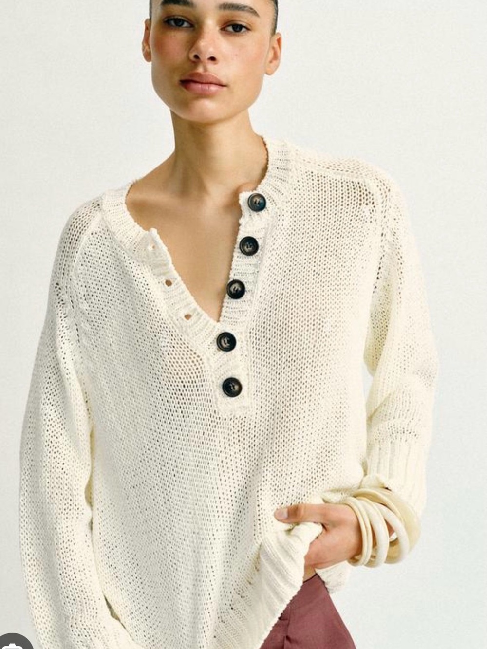 Zara Cream Open-Knit V-Neck Button Sweater